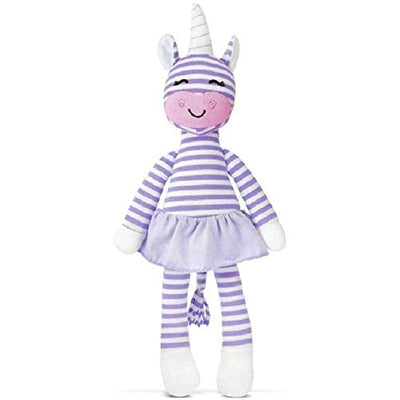 stuffed unicorn toy with purple stripes