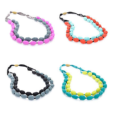color options for aston teething necklaces for mom, showcases pink and grey, red and blue, grey and black, and turquoise and yellow.